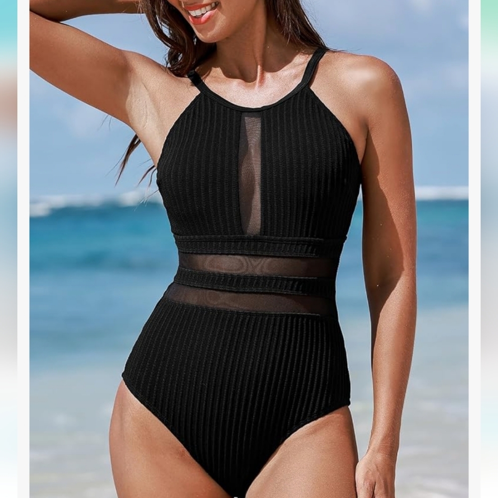 Cupshe Round Neck Back Cutout Textured/Mesh One-Piece - black - Picture 5 of 14